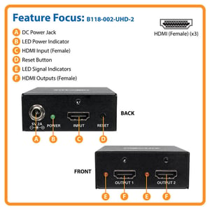 محول Tripp-Lite 2-Port HDMI 2.0 Splitter 4K@60Hz HDCP 2.2