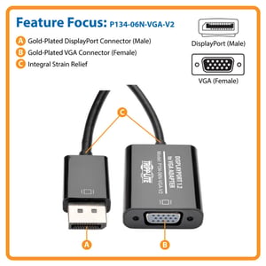 Tripp-Lite DisplayPort 1.2 to VGA Active Converter DisplayPort to HD15 6in