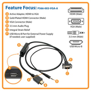 Tripp-Lite HDMI to VGA Active Converter Cable to HD15 + 3.5mm 3ft