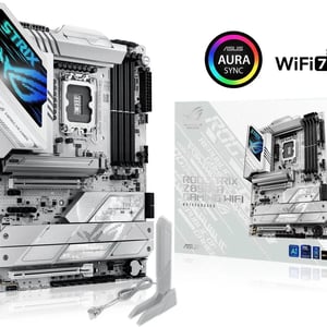 لوحة أم أسوس روج ستريكس ASUS ROG Strix Z890-A Gaming WiFi باللون الأبيض والفضي بمقبس LGA 1851 ودعم ذاكرة DDR5 بحجم ATX