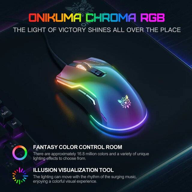 Onikuma CW922 Wired Gaming Mouse 12800 DPI RGB Black - 2