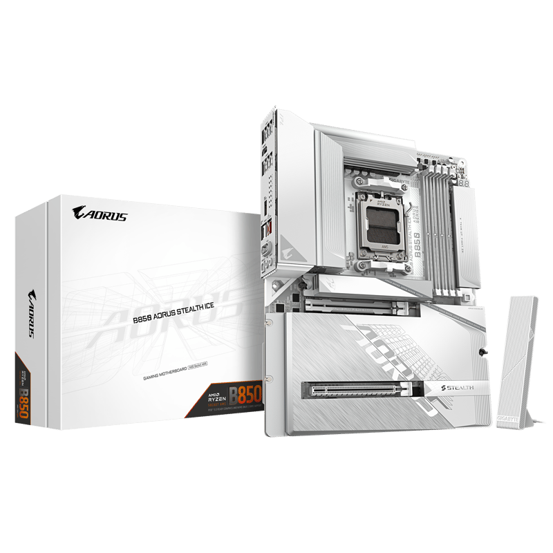 لوحة أم جيجابايت أوروس GIGABYTE B850 AORUS Stealth ICE البيضاء بمقبس AMD AM5 ودعم ذاكرة DDR5 بحجم ATX - 1