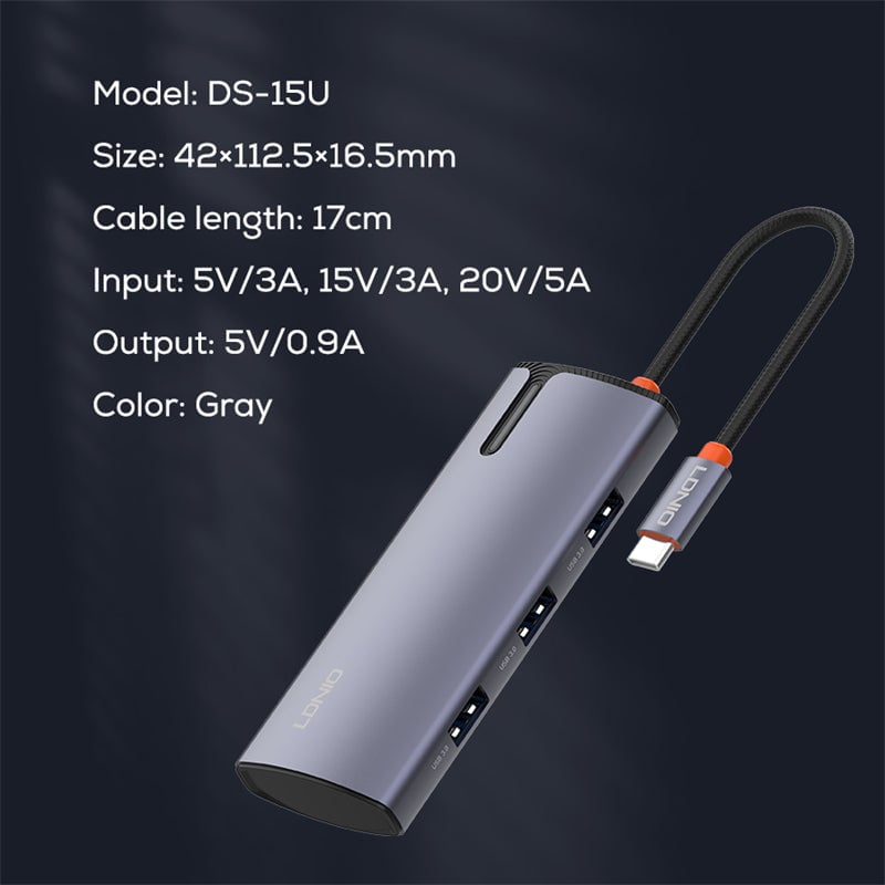 LDNIO DS-15U 5-Port USB 3.0 100W PD USB Hub Gray - 9