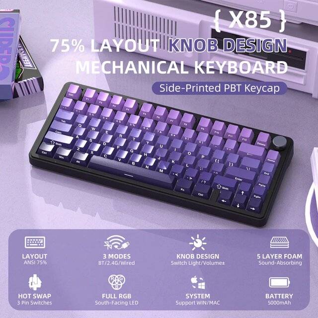 كيبورد Attack Shark X85 75% ميكانيكي لاسلكي RGB بنفسجي - 3
