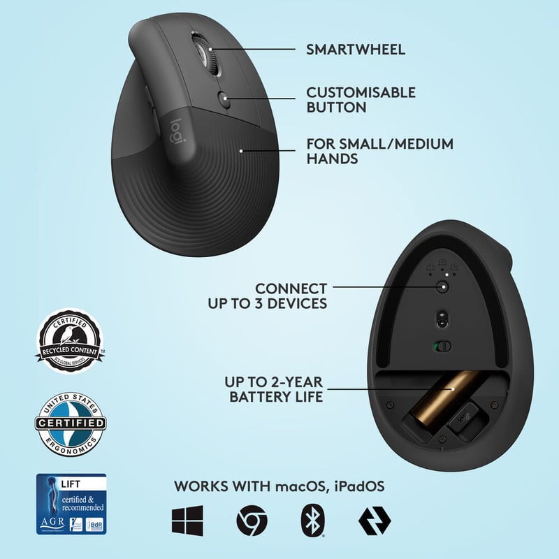 ماوس Logitech Lift Vertical Ergonomic 4000 DPI لاسلكي وردي - 31