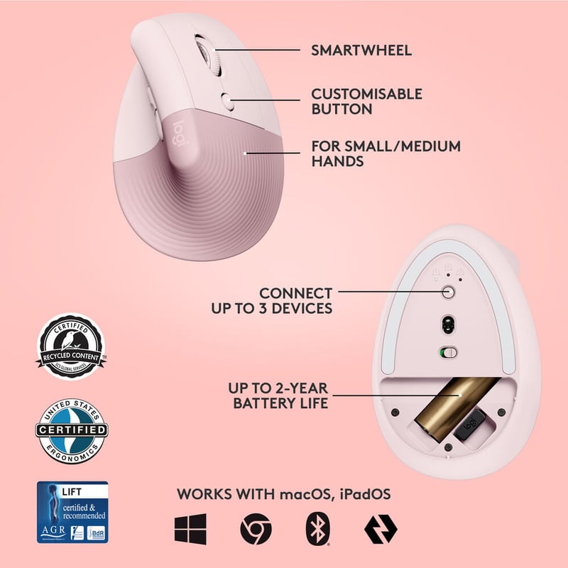 ماوس Logitech Lift Vertical Ergonomic 4000 DPI لاسلكي وردي - 20