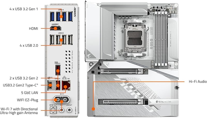 لوحة أم جيجابايت أوروس GIGABYTE B850 AORUS Stealth ICE البيضاء بمقبس AMD AM5 ودعم ذاكرة DDR5 بحجم ATX - 8