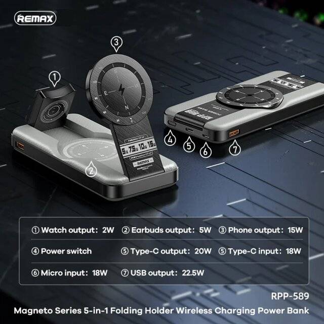 باور بانك Remax RPP-589 10000mAh 22W لاسلكي USB-C رمادي - 2