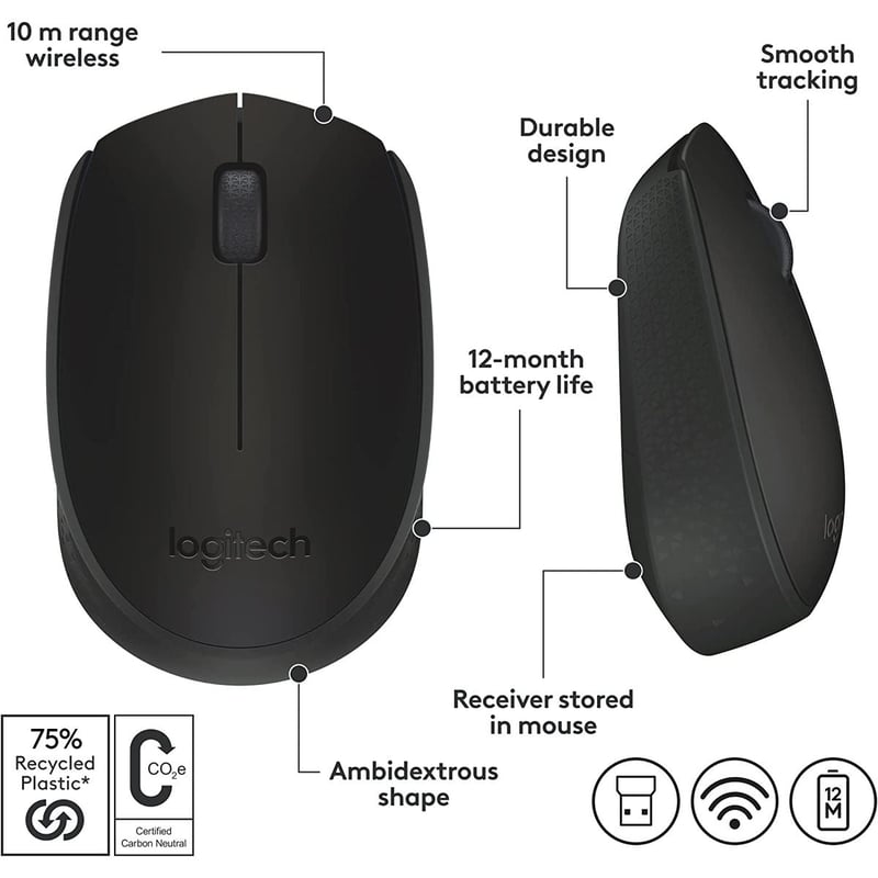 ماوس Logitech M171 1000 DPI لاسلكي أسود - 45