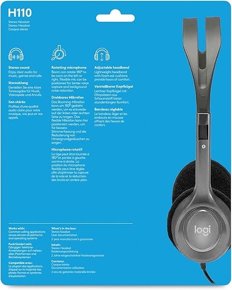 سماعات Logitech H110 سلكي 3.5mm مع مايك رمادي - 9