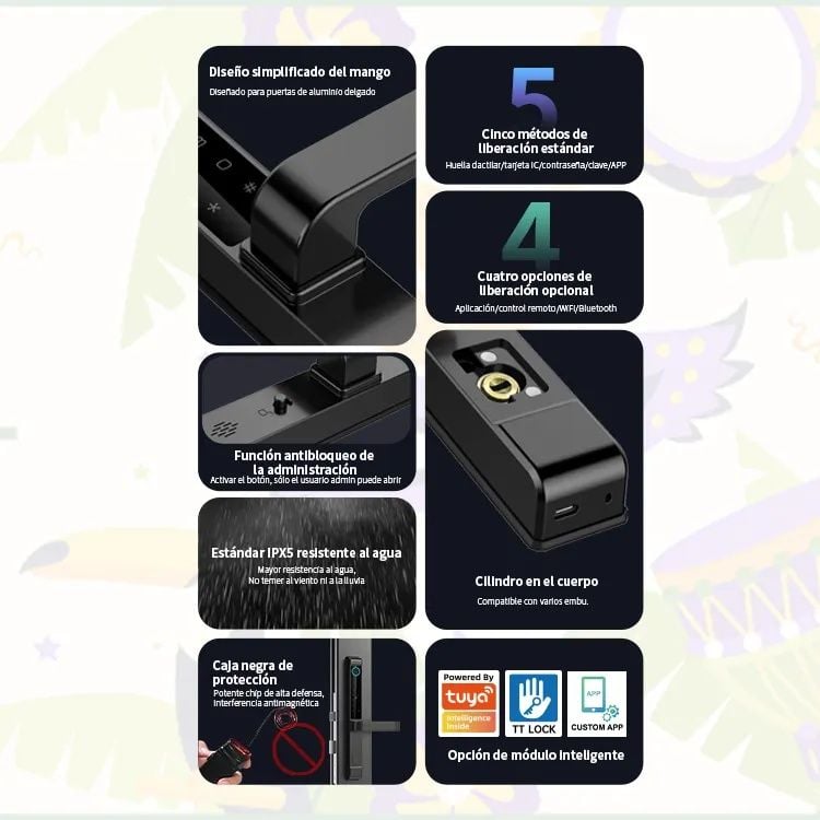 قفل ذكي Locstar L208 بصمة، لوحة مفاتيح، بلوتوث، بطاقة IC، مفتاح ميكانيكي أسود - 4