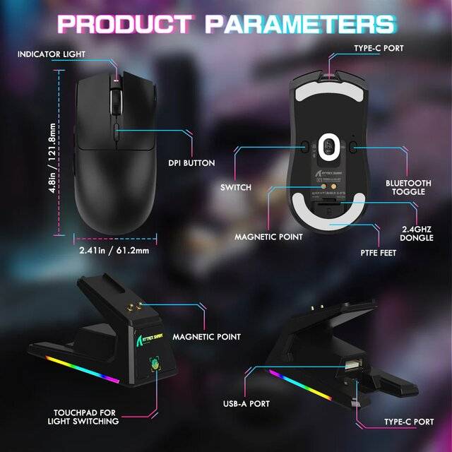 ماوس Attack Shark X1 40000 DPI Dual-Mode RGB أسود - 3