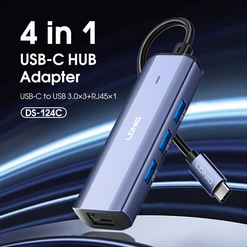 محول USB LDNIO DS-124C USB-C 3.0 مع USB-A و RJ45 Ethernet - 3