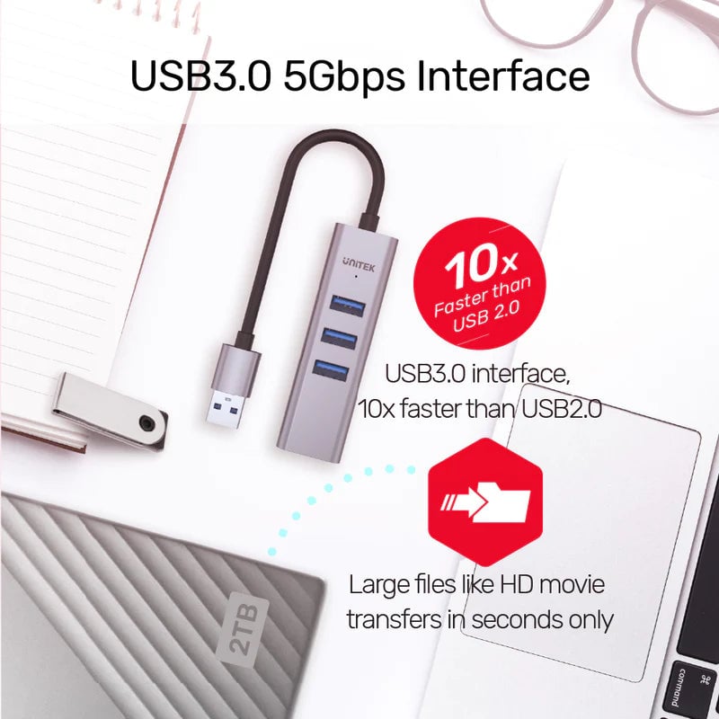 UNITEK Y-3088B USB-C to Ethernet 4-in-1 Adapter Gray - 8