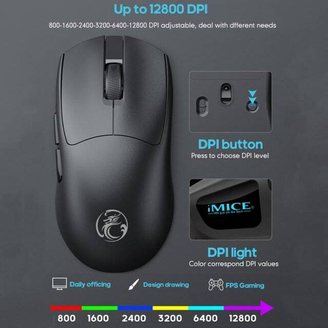 iMice G900 Mouse Wireless 12800 DPI Tri-Mode Black - 3
