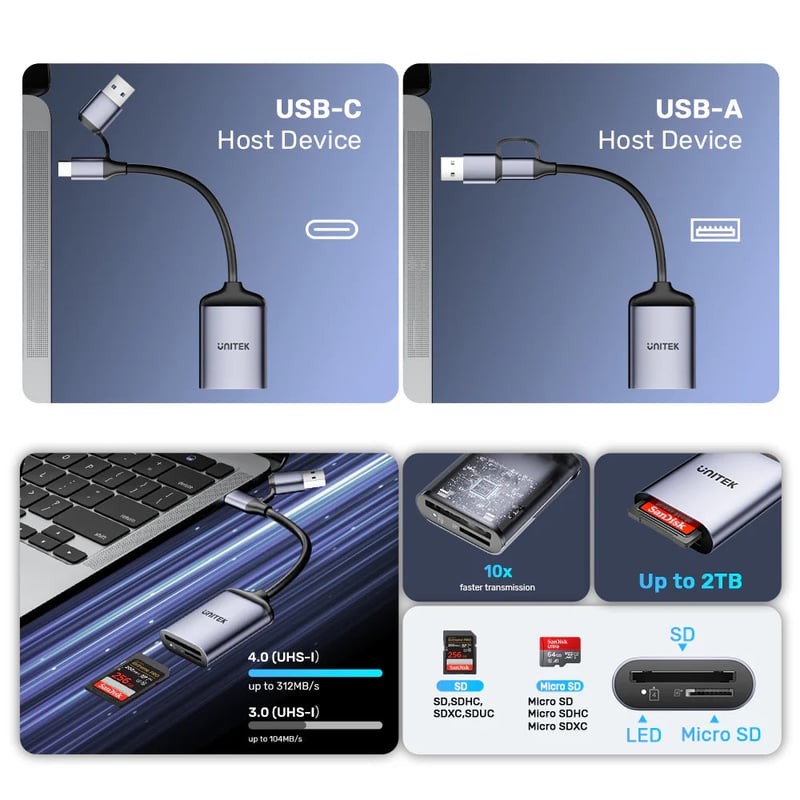 محول USB Unitek قارئ بطاقات SD و MicroSD مزدوج UHS-II 312MB/s - 7