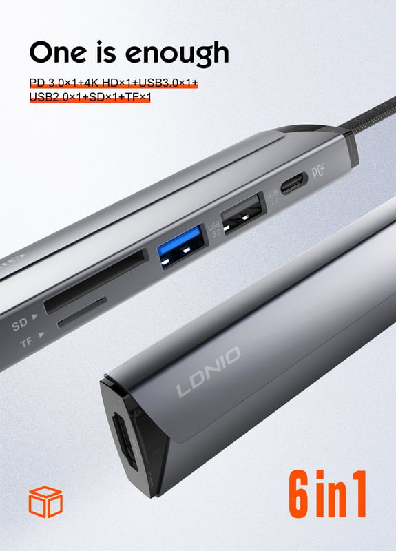محول LDNIO DS-56H USB-C إلى متعدد المنافذ مع 100W PD و HDMI وقارئ SD/TF - 10