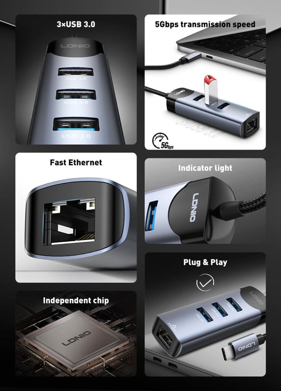LDNIO DS-144C 4-Port USB 3.0 USB Hub Gray - 11
