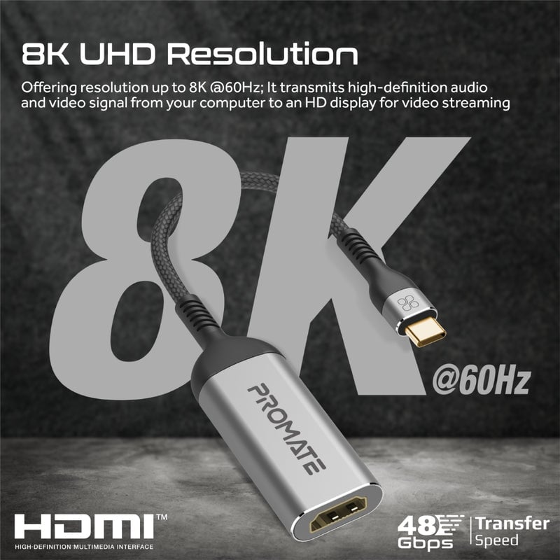 محول USB Promate MediaLink 8K@60Hz USB-C إلى HDMI هيكل ألومنيوم - 3