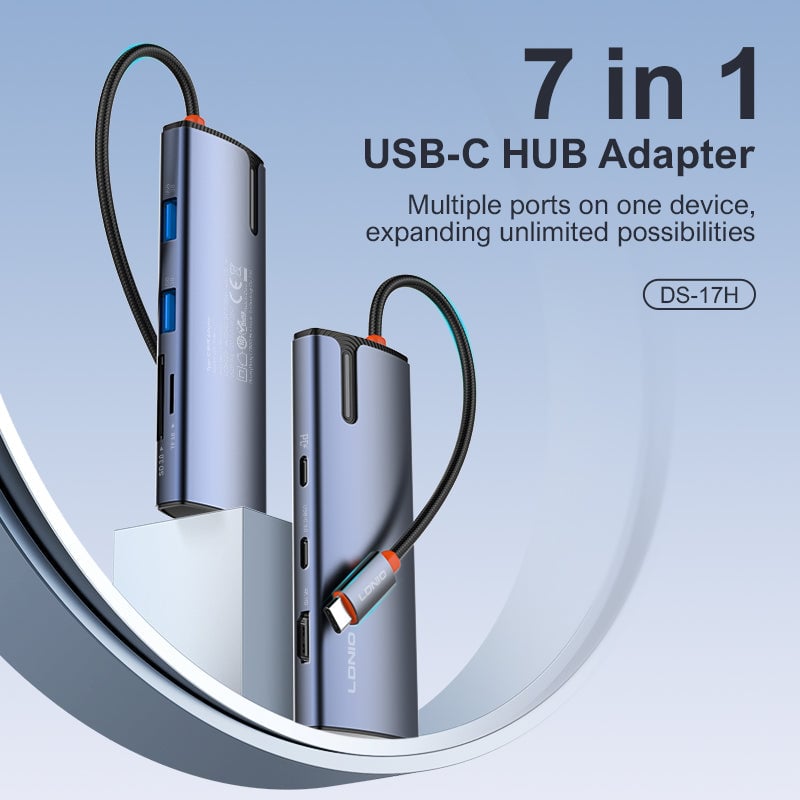 موزع LDNIO DS-17H 7-Port USB 3.0 مع HDMI وإيثرنت وSD و100W PD فضي - 7