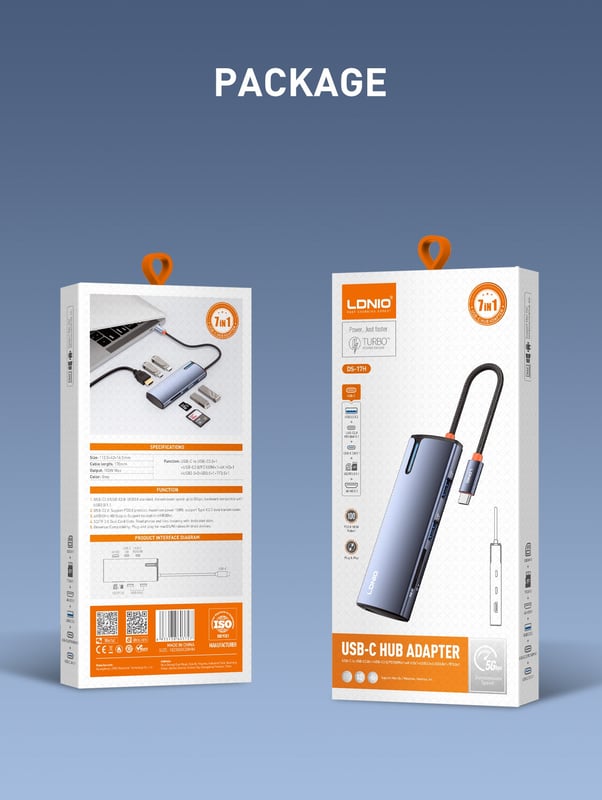 موزع LDNIO DS-17H 7-Port USB 3.0 مع HDMI وإيثرنت وSD و100W PD فضي - 11