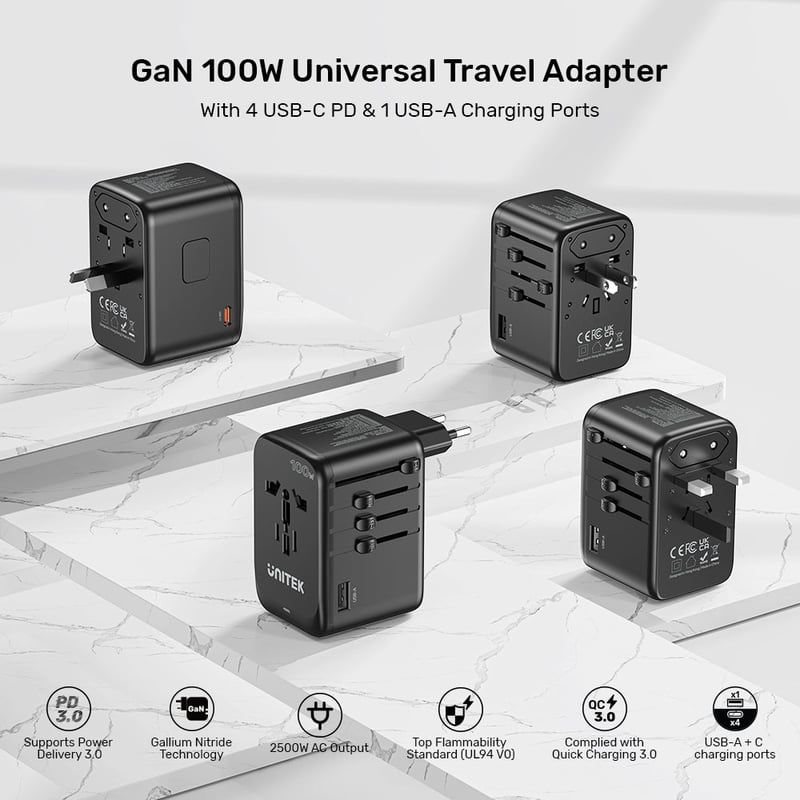 Unitek GaN 100W Universal Travel Adapter Black - 10