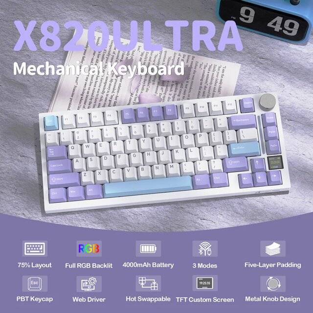 كيبورد Attack Shark X820 Ultra 75% ميكانيكي هوت-سوابابل تري-مود لاسلكي RGB أبيض - 3