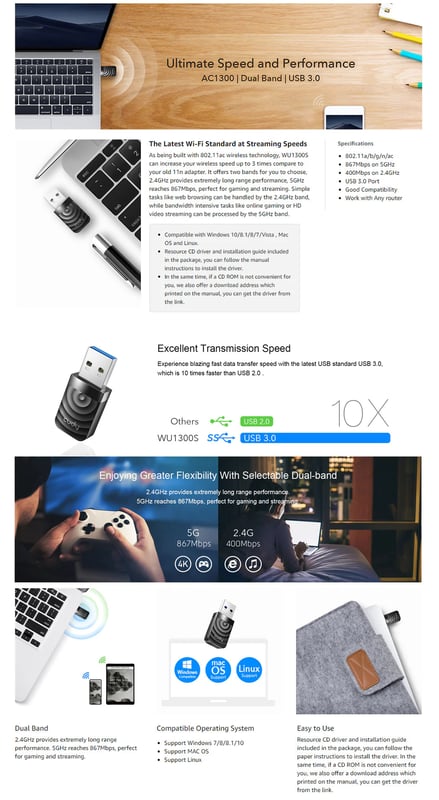 محول USB Cudy WU1300S AC1300 واي فاي مزدوج النطاق - 6