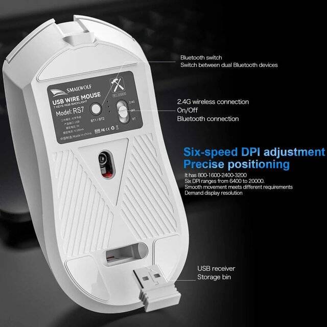 ماوس Smailwolf RS7 20000 DPI Dual-Mode أبيض - 2