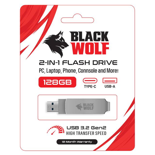 Black Wolf 2-in-1 Flash Drive 128GB USB-C & USB-A 3.2 - 2