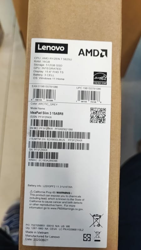 Lenovo IdeaPad Slim 3 15ABR8 - (LMUS) AMD Ryzen 7-5825U, RAM 16GB, SSD 512GB, Radeon™ Graphics, 15.6 FHD IPS Touch, Arctic Grey - 8