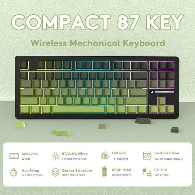 كيبورد Attack Shark M87 Pro V2 80% TKL ميكانيكي لاسلكي RGB أخضر - 3