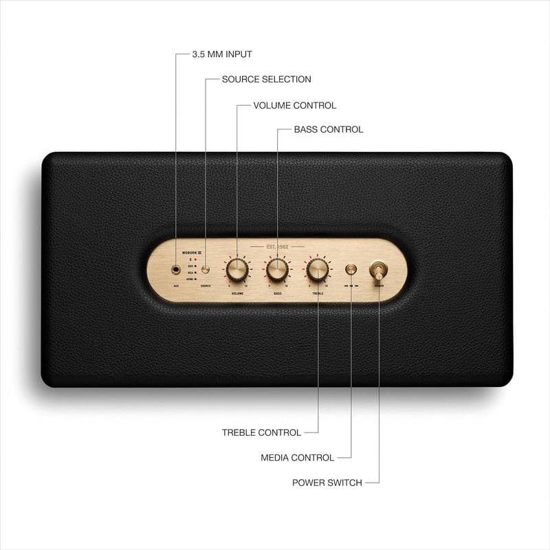 Marshall Woburn III Bluetooth Home Speaker - Loud Stereo Sound with Bass and Treble Controls , Plug-in Powered , Record Player Compatible , HDMI, RCA, 3.5mm Aux Inputs - Black - 4