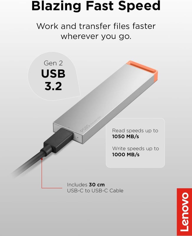 وحدة تخزين خارجية لينوفو PS8S بسعة 2 تيرابايت USB-C محمولة رمادي - 3