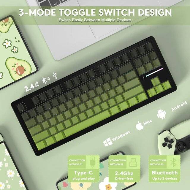 كيبورد Attack Shark M87 Pro V2 80% TKL ميكانيكي لاسلكي RGB أخضر - 4