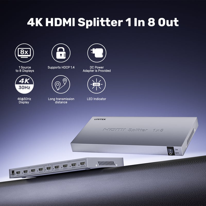 محول UNITEK HDMI 2.0 1-in-8-Out 4K@60Hz مع دعم HDR - 4