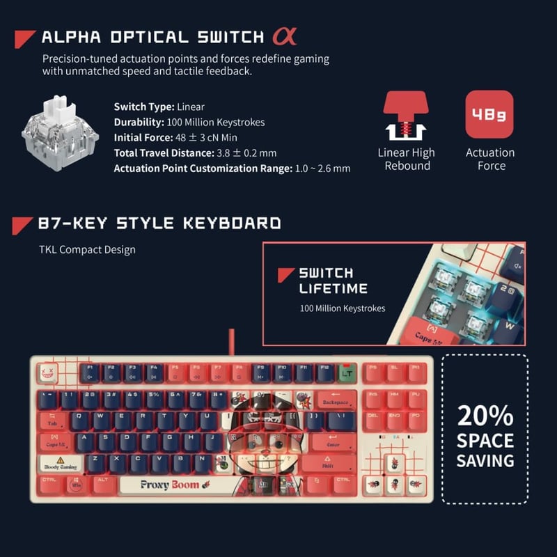 Bloody x Savage Impact AT87 Alpha Optical Switch Performance Keyboard - Adjustable Actuation Point, Gaming PBT Keycaps, Stealth Quiet Typing, TKL - Proxy Boom - 7