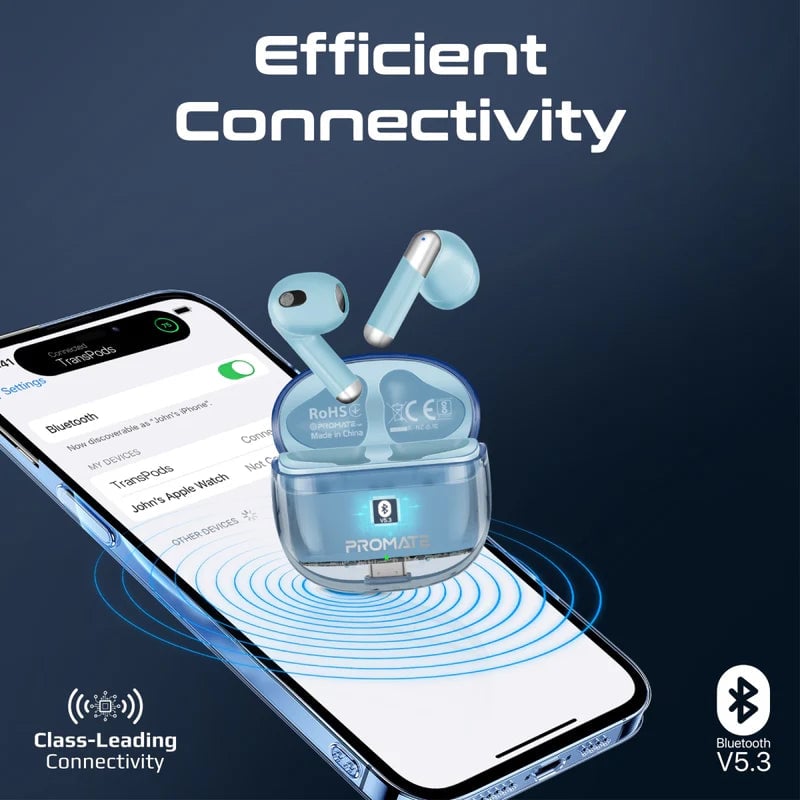 سماعات Promate TransPods IntelliTouch TWS بلوتوث 5.3 13mm 6H أزرق - 2