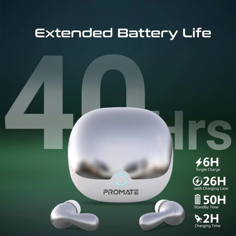 سماعات Promate Baton TWS ANC Bluetooth 5.4 13mm IPX4 6H أبيض - 15