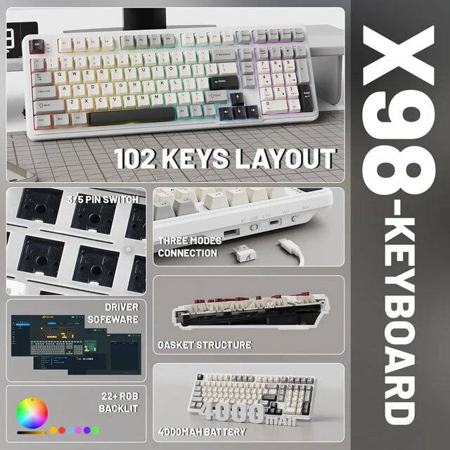 كيبورد Attack Shark X98 Full-Size Mechanical Wireless RGB Starlight White - 4