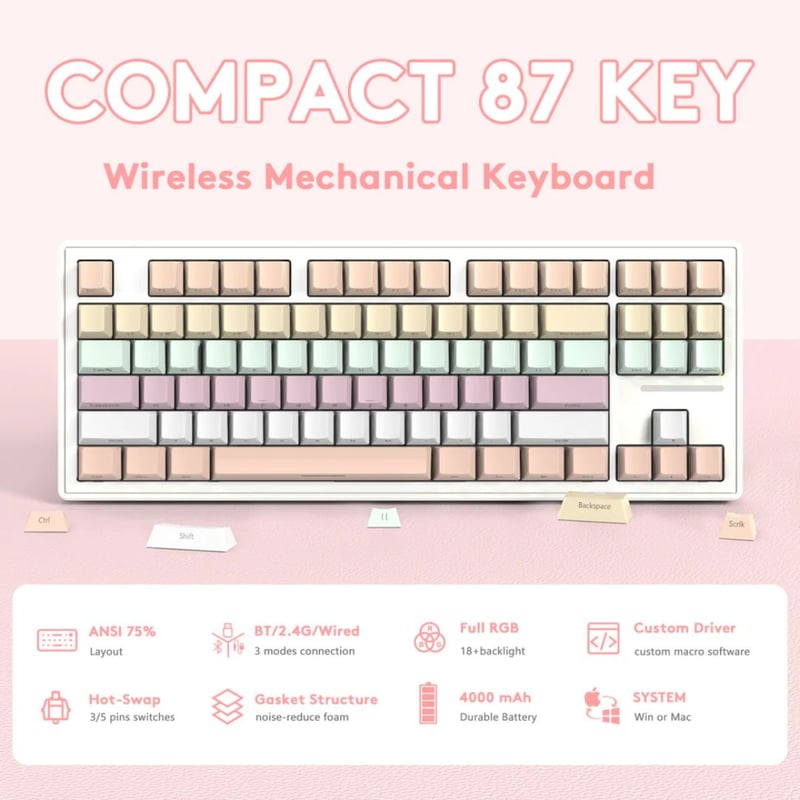 Attack Shark M87 Mechanical Keyboard Wireless 75% RGB Pink Gradient - 2