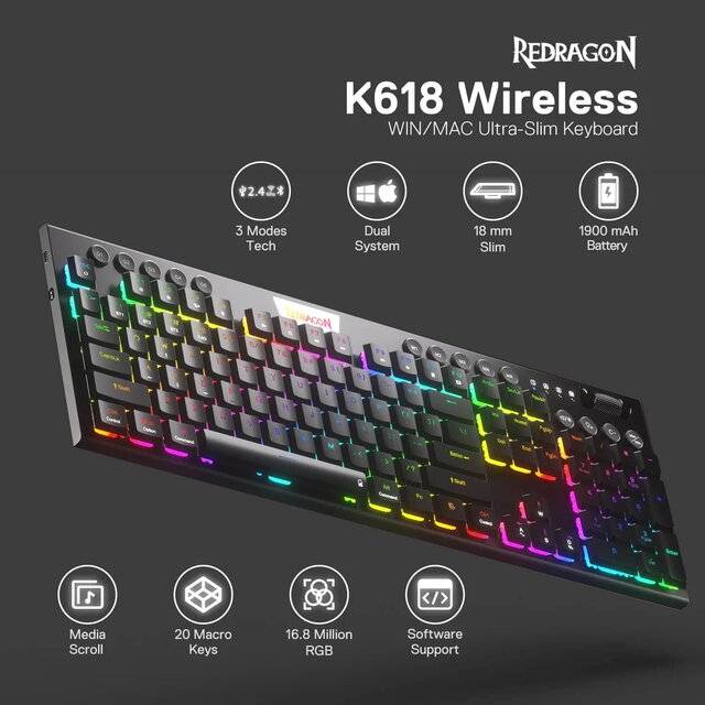 كيبورد Redragon Horus K618 Full-Size Low-Profile Mechanical Wireless RGB - 3