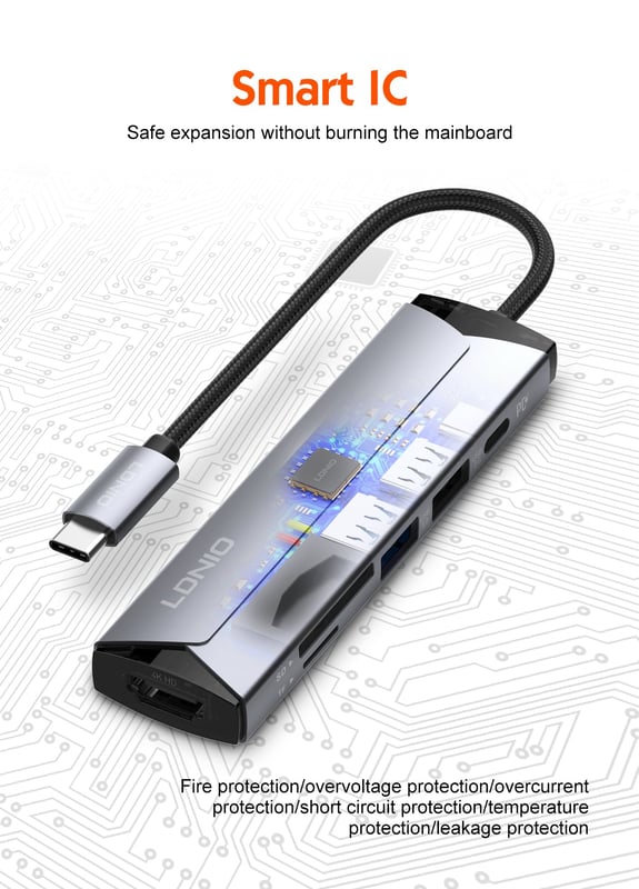 محول LDNIO DS-56H USB-C إلى متعدد المنافذ مع 100W PD و HDMI وقارئ SD/TF - 8