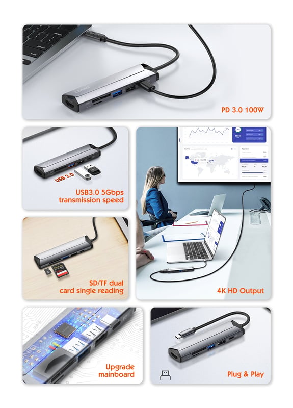 محول LDNIO DS-56H USB-C إلى متعدد المنافذ مع 100W PD و HDMI وقارئ SD/TF - 11