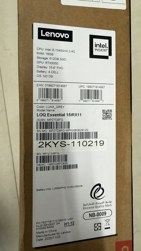 Lenovo LOQ Essential 15IRX11 -  (2KUS-110219) Intel Core i5-13450HX, RAM 16GB, 512GB, RTX 5050 8GB, 15.6 Inch FHD 144Hz, Luna Gray - 8