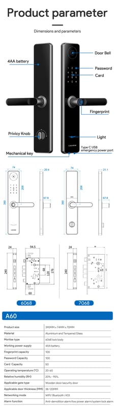 Locstar LS-A60 Smart Door Lock 6-in-1 WiFi App Fingerprint Keypad - 4
