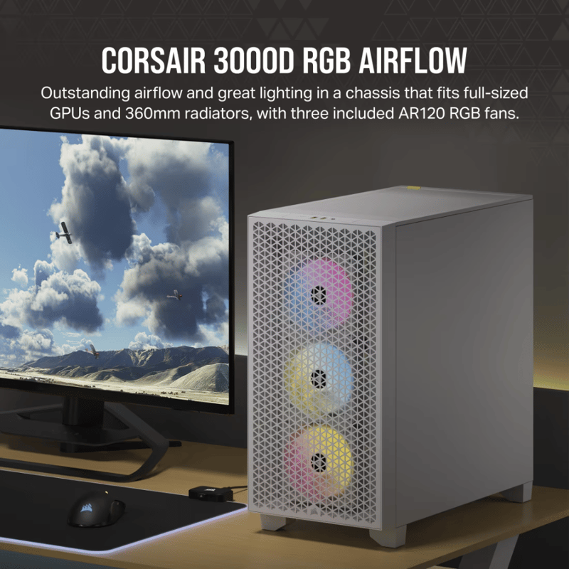 كيس Corsair 3000D Mid-Tower ATX أبيض بتدفق هواء RGB - 3