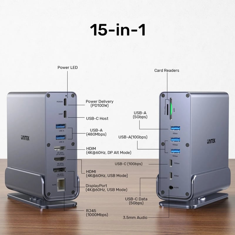 شاحن Unitek DisplayLink محطة توصيل Triple 4K 100W PD رمادي - 8