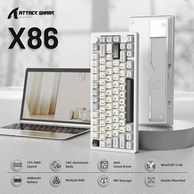 كيبورد Attack Shark X86 75% ميكانيكي لاسلكي RGB أبيض - 3
