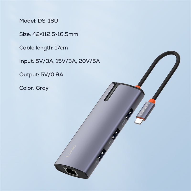 محول LDNIO DS-16U 6-Port USB 3.0 مع إيثرنت و 100W PD رمادي - 9